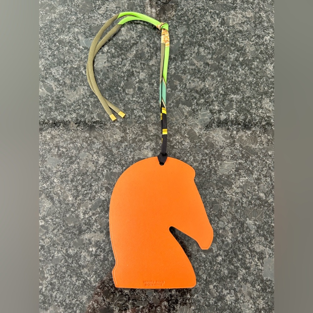 HERMÈS Horse Head Orange Red Leather XL Charm with Green Twilly Ribbon